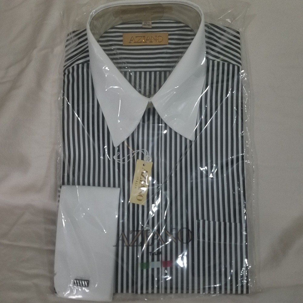 Aziano Italia‎ Dress Shirt Mens 15.5 32/33 Black White NEW Striped French Cuff